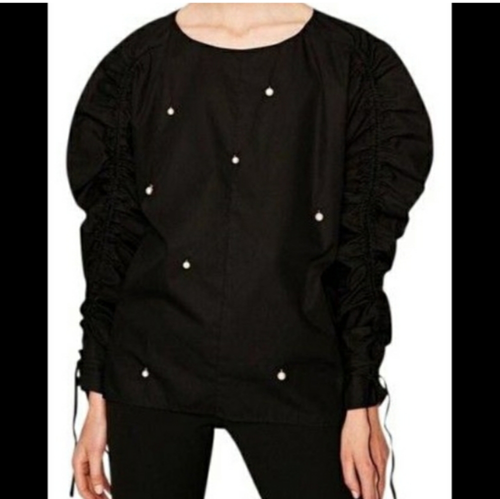 ZARA Black and Faux Pearl Top with Ruched Long Sleeves fits size M to L
